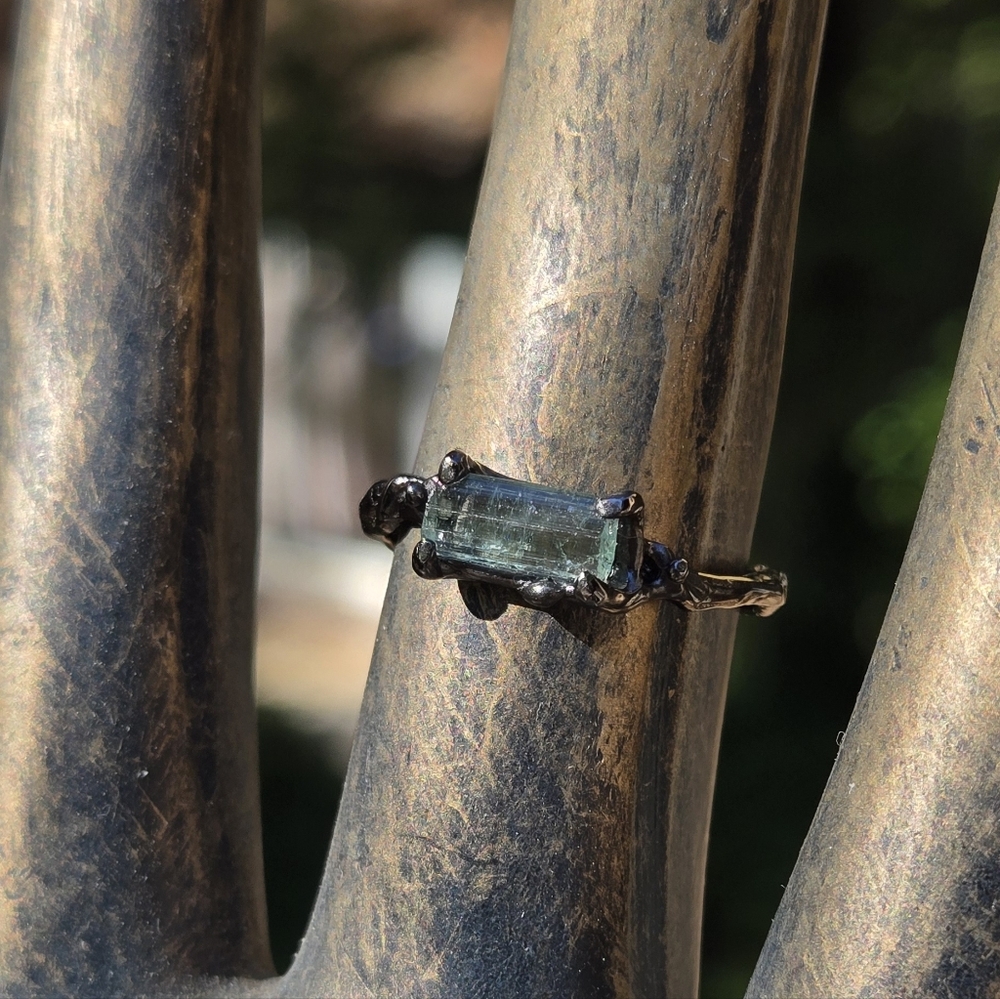 Tourmaline Ocean Bue/green Natural Gemstone Sterling Rhodium Ring Sz8 - Picture 2 of 9